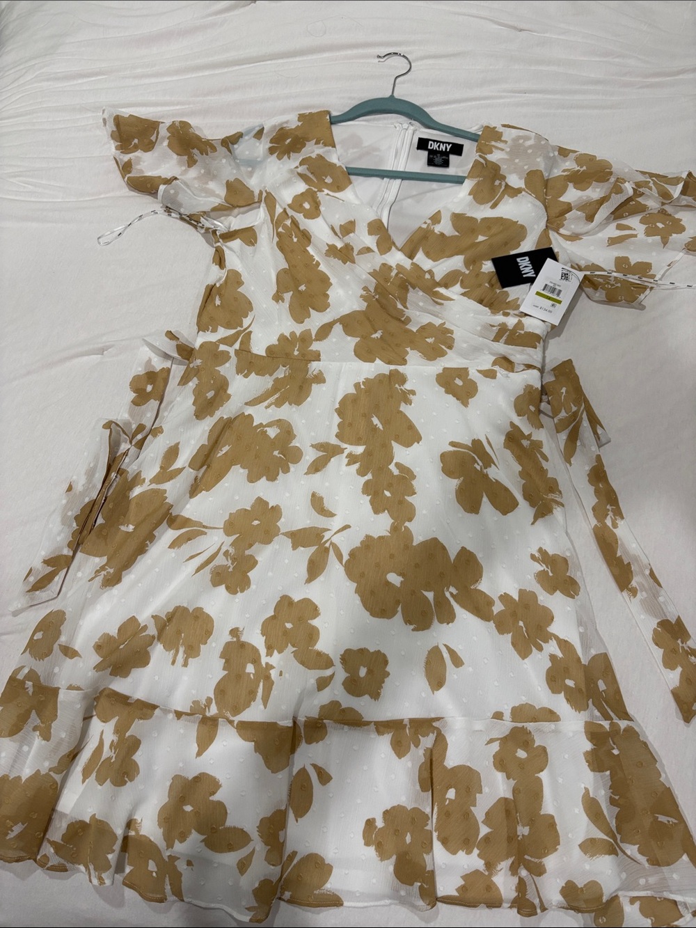 Dkny White Dress with Tan Floral Print DKNY summer dress fit for a wedding!